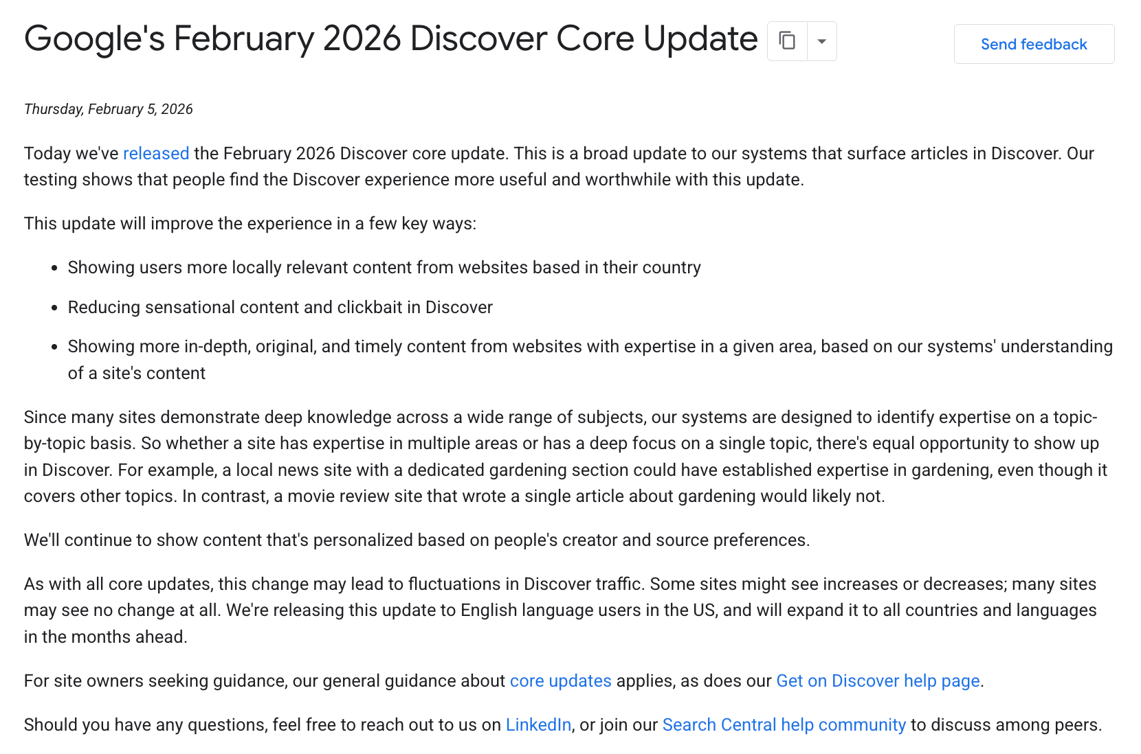 Google Februar 2026 Discover Core Update