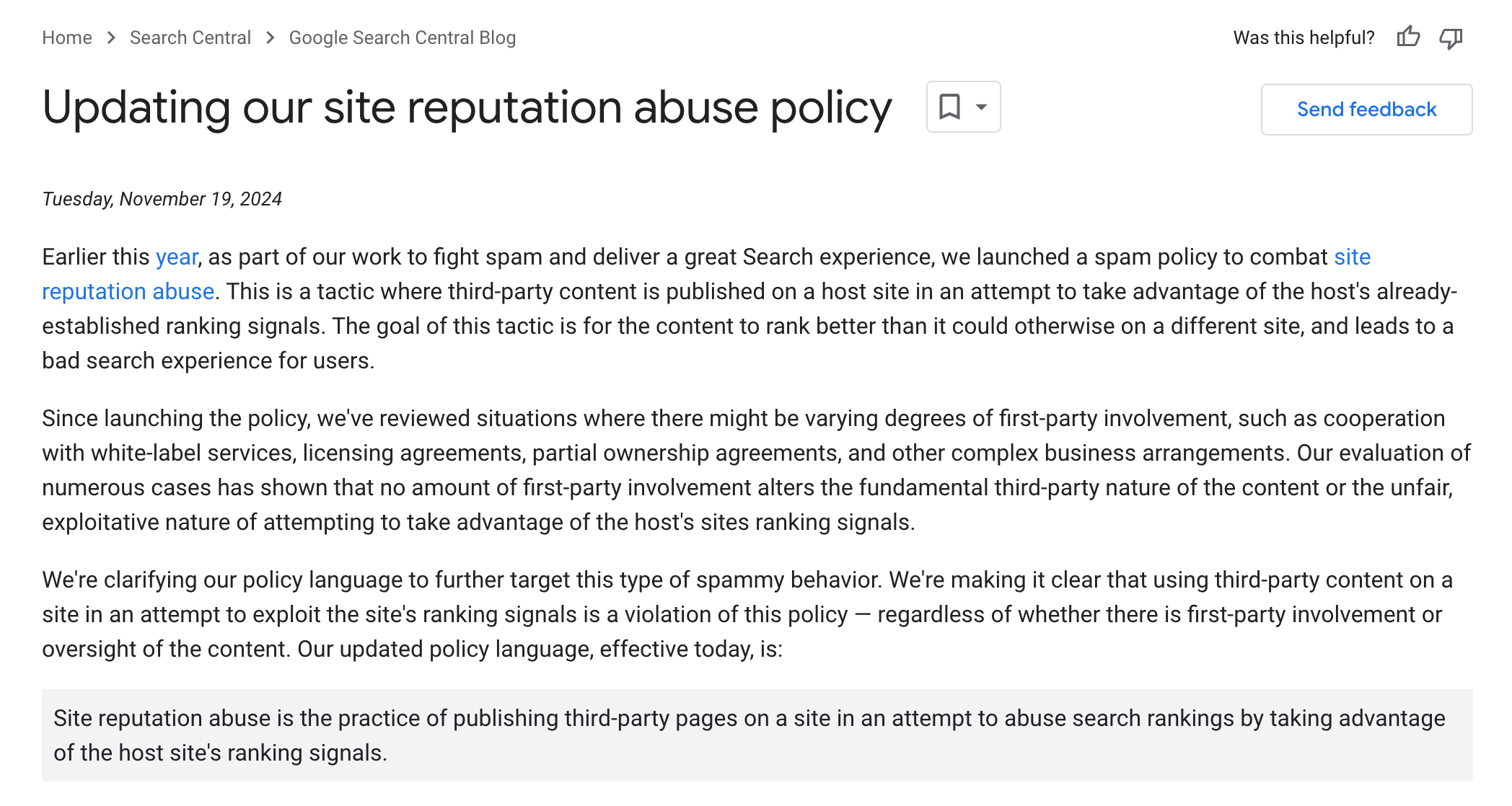 opdatering af googles site reputation abuse politik