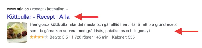 Visar arlas recept på köttbullar med pilar som pekar på meta titel och meta beskrivning