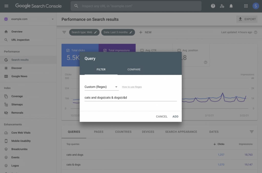 Visar google search console och en ruta med Query som är inställd på filter