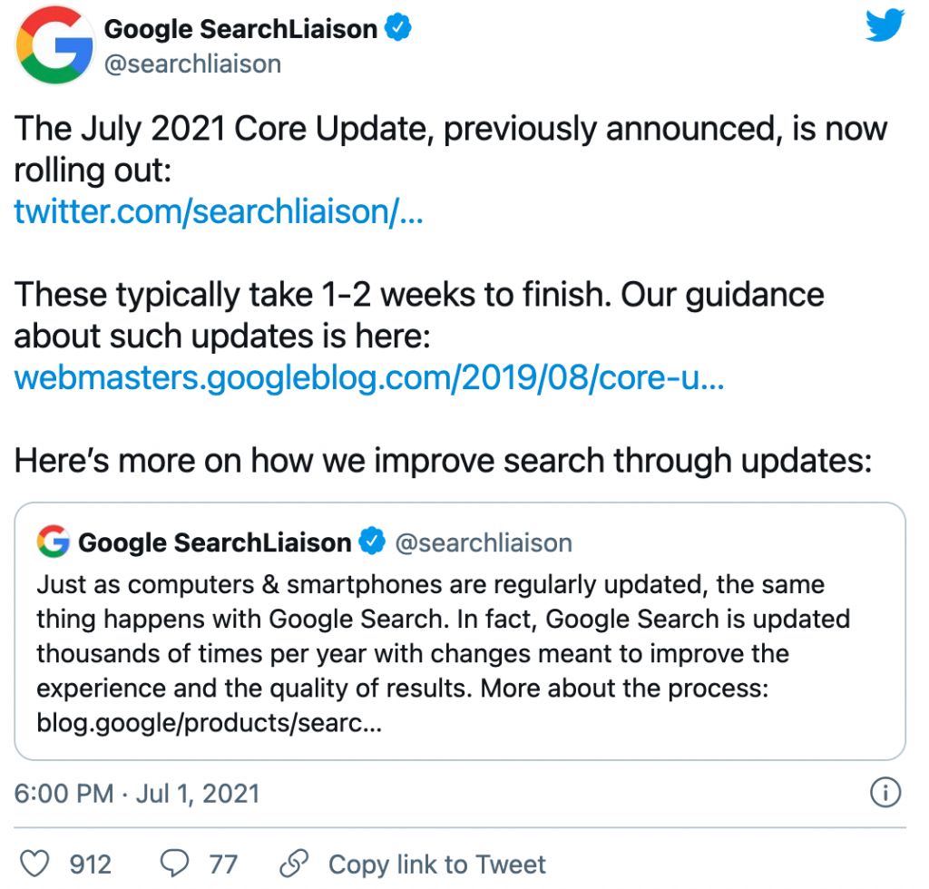 En tweet från Google som handlar om juli 2021 Core Update