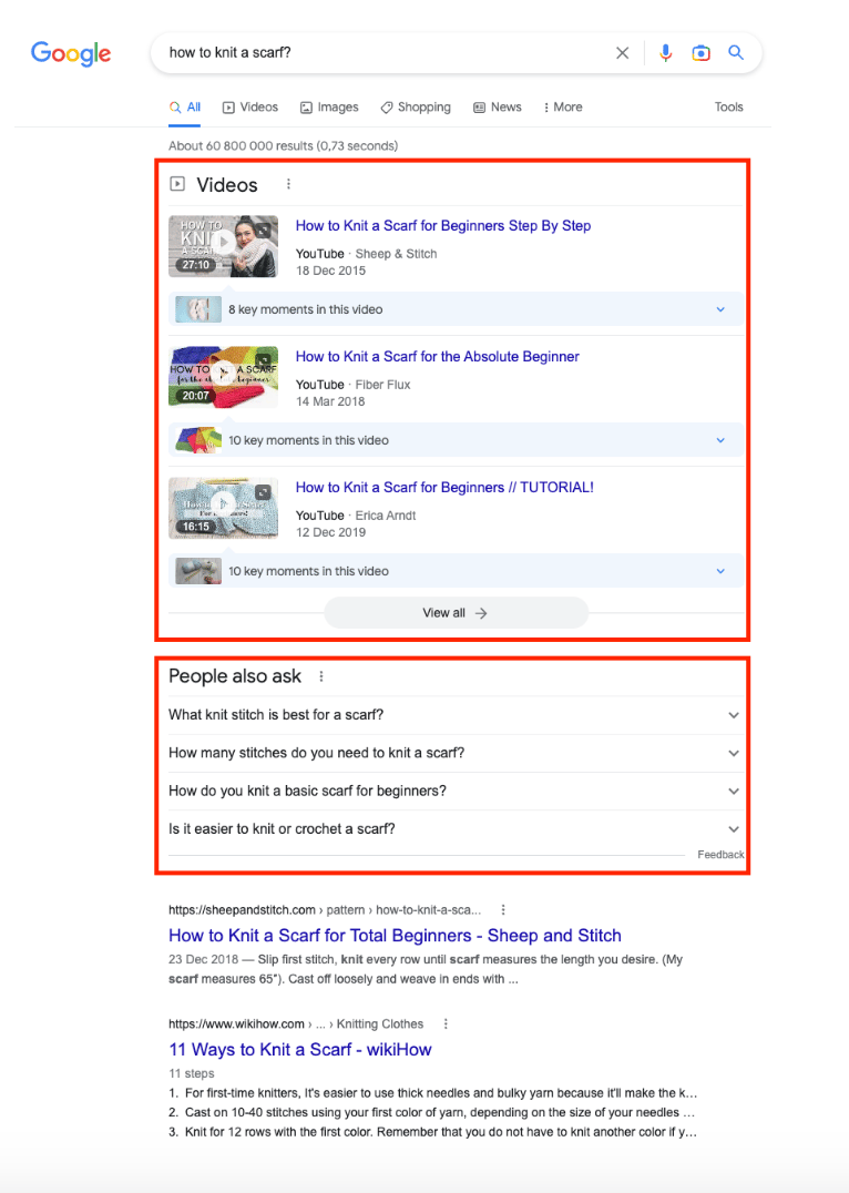 Screenshot from Google search results on how to knit a scarf showing video and questions