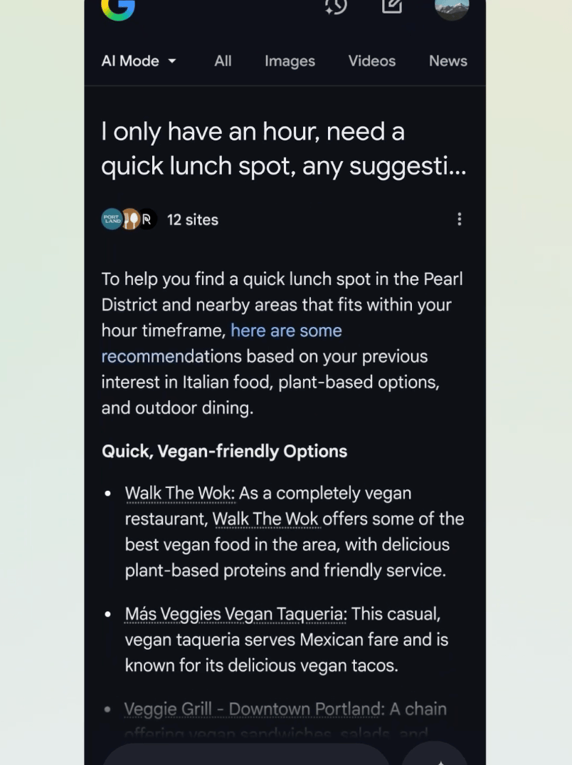 AI Mode eksempel på vegansk søgning
