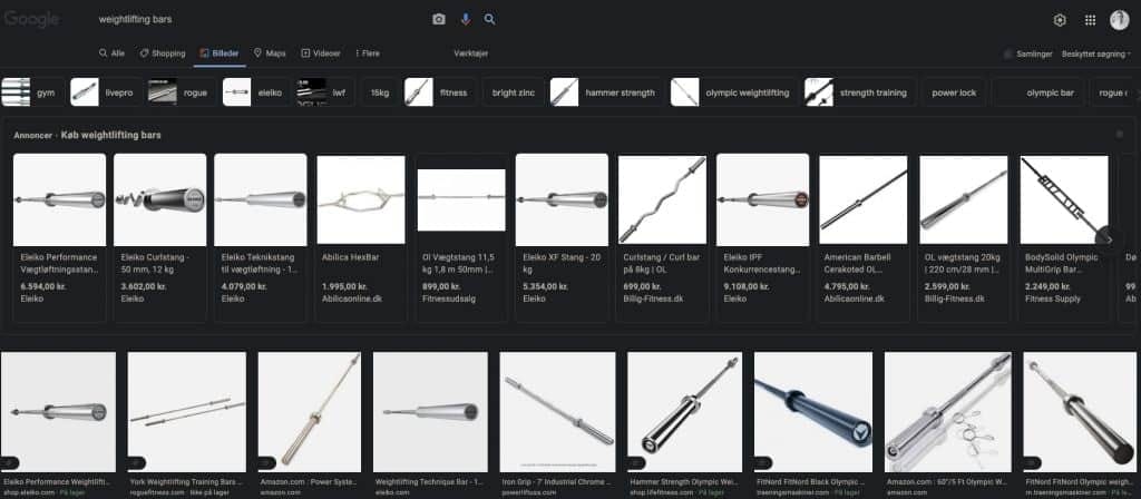 Googles bildefane med resultater for vektstenger