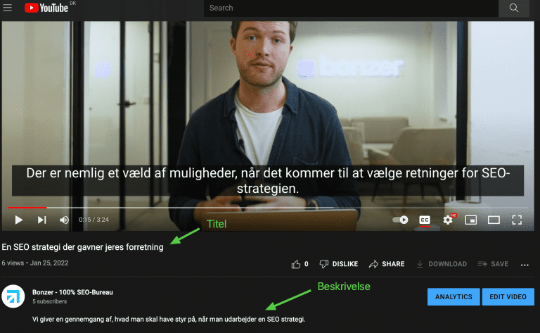 Videotittel og videobeskrivelse fylt ut på en opplastet video