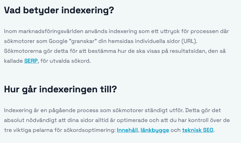 Interna länkar i ett blogginlägg om indexering