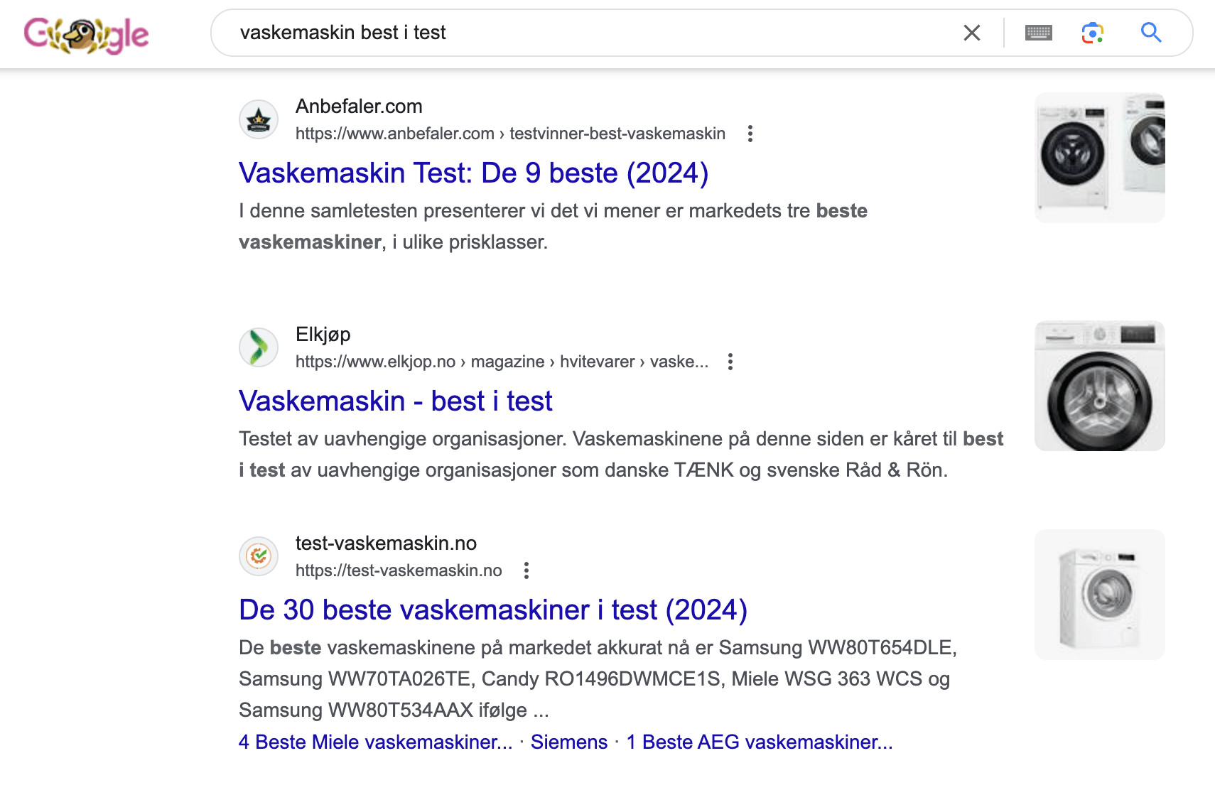 Googles søkeresultat for vaskemaskin best i test