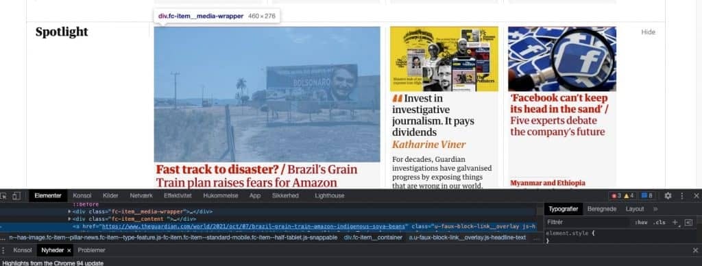 Utviklerverktøyene i Chrome viser målene på et bildeelement