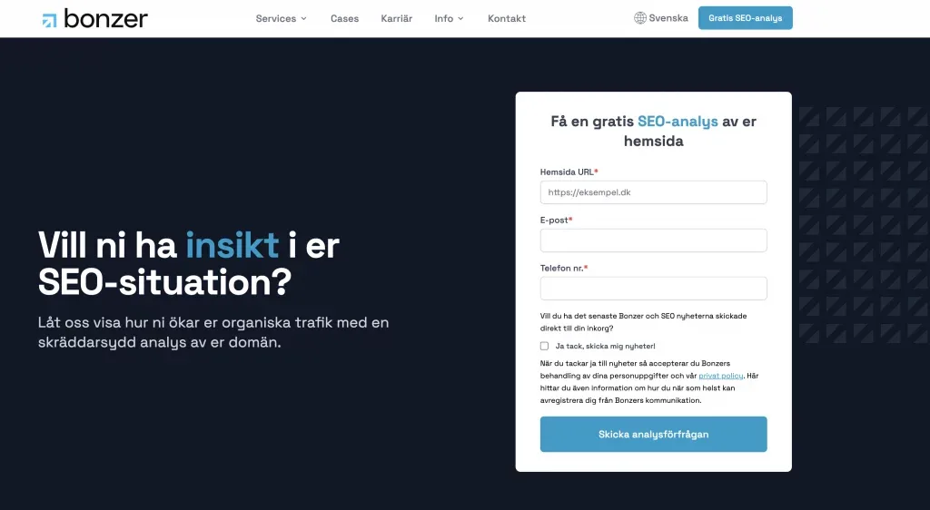 Rubriken på Bonzers landningssida för SEO-analys
