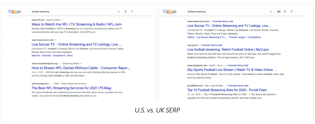 Comparison of search results for the same query in two countries