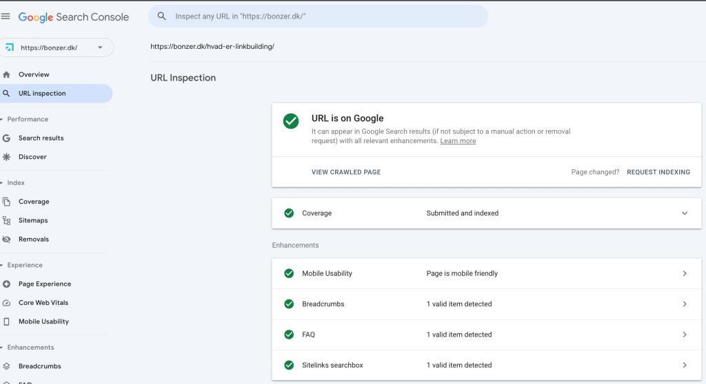 URL-inspeksjon i Google Search Console viser indekseringsstatus