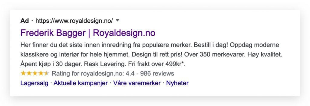Produktresultat med pris, stjerner og lagerstatus i søkeresultatet