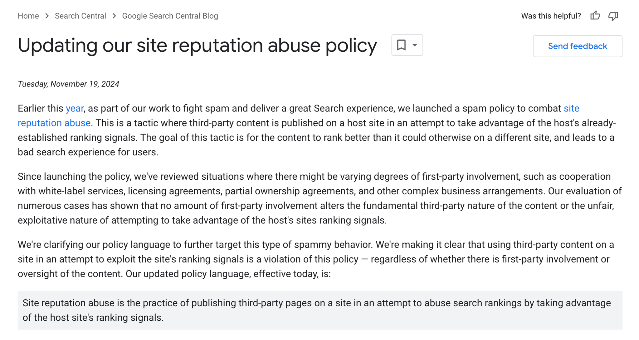 opdatering af googles site reputation abuse politik