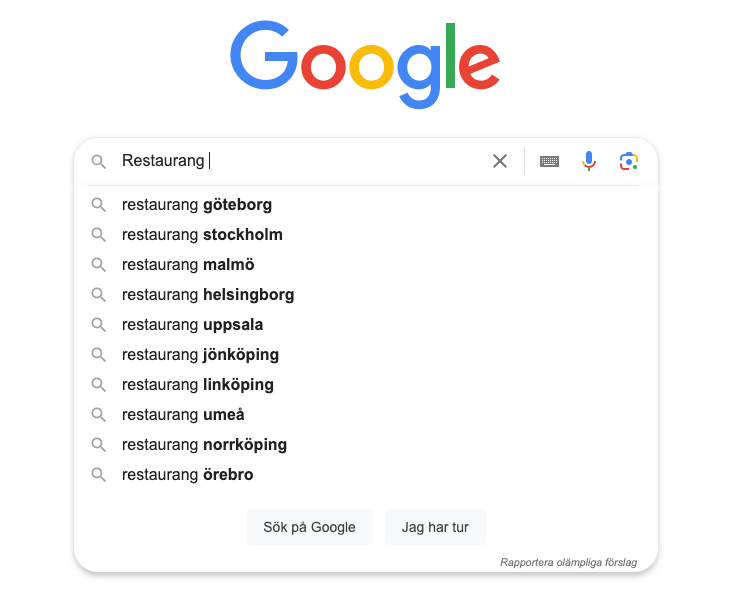 Google-sökning där tjänst kombineras med en plats