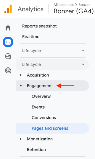 Bounce rate reported under Engagement in GA4