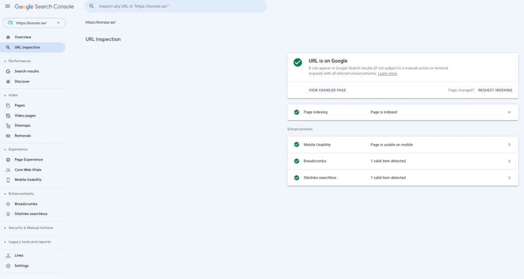 Google Search Console, URL-inspektion