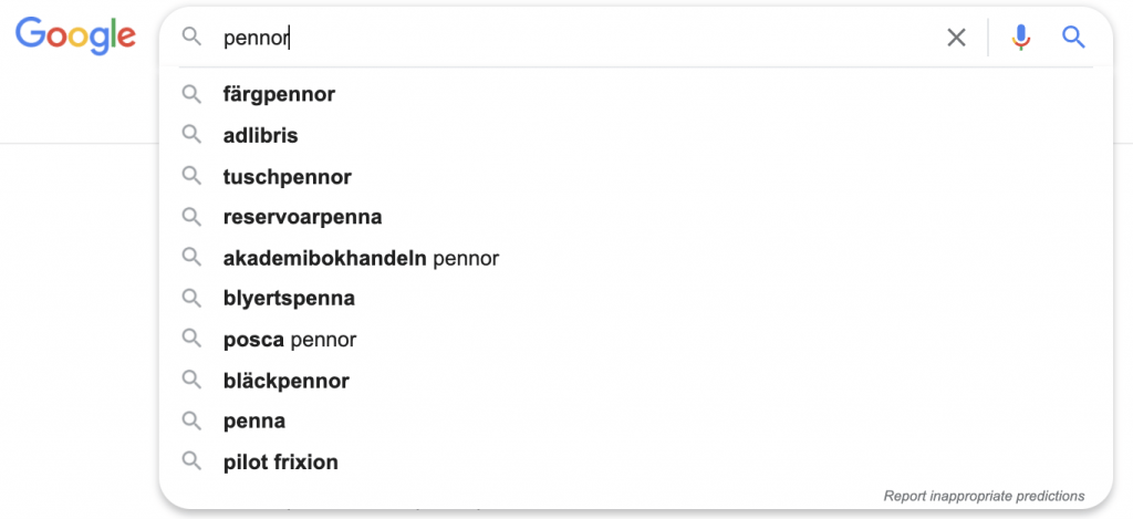 Googles sökförslag visar long tail-varianter