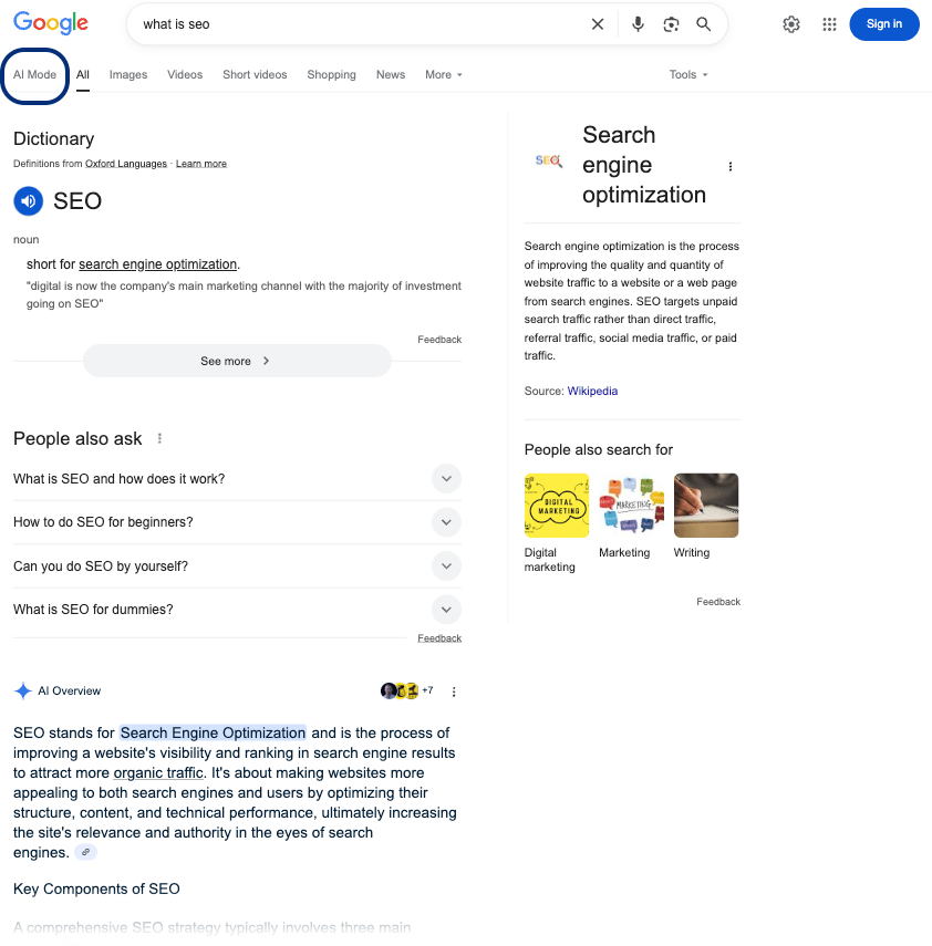 AI Mode-fanen blant søkealternativene i Google