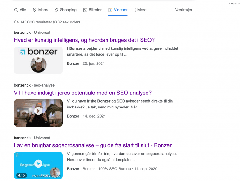 Googles søkeresultat med videoresultater høyt oppe på siden